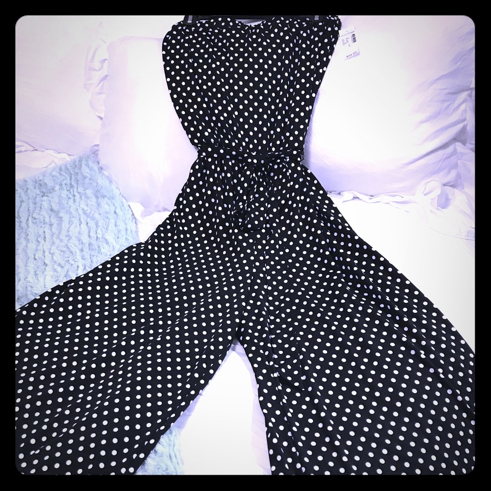 Strapless palazzo romper black w/white polka dots